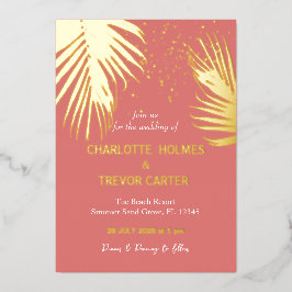 Coral Tropical Palms Summer Beach Wedding Gold Folieneinladung