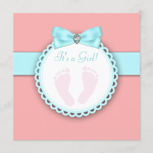 Coral Türkis Blau Rosa Fußabdruck Baby Shower Einladung