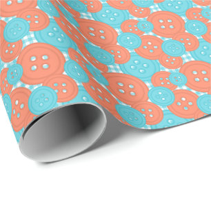 Coral Turq Buttons Gingham - Näh- und Bastelzimmer Geschenkpapier