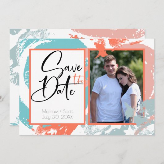 Coral Turquoise Brush Strokes Save the Date Einladung (Vorne/Hinten)
