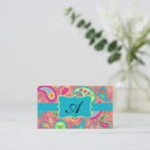 Coral Turquoise Modern Paisley Muster Monogram Visitenkarte (Stehend Vorderseite)