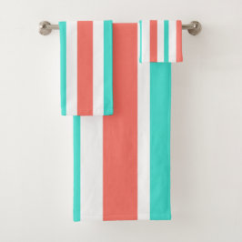 Coral Turquoise White Stripes Badhandtuch Set