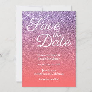 Coral und Amethyst Ombre Glitzer Save the Date Einladung