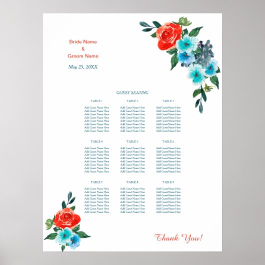 Coral und Aqua Floral Hochzeitsszenario Poster (Vorne)