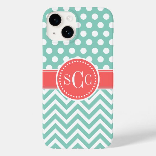 Coral und Aqua Polka Dot Zickzack Monogramm Case-Mate iPhone Hülle (Rückseite)