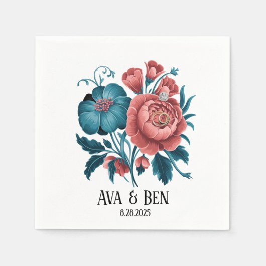 Coral und Aquamarin Peonies Gold Bouquet Wedding R Serviette (Vorderseite)