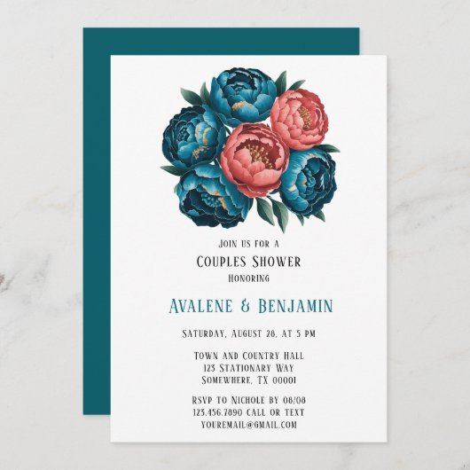Coral und Aquamarin Peonies Gold Couples Dusche Einladung (Vorne/Hinten)