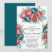 Coral und Aquamarin Peonies Gold Wedding Couples D Einladung (Vorne/Hinten)