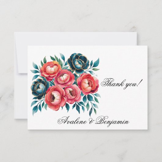 Coral und Aquamarin Peonies Gold Wedding Dankeskarte (Vorderseite)