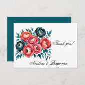 Coral und Aquamarin Peonies Gold Wedding Dankeskarte (Vorne/Hinten)