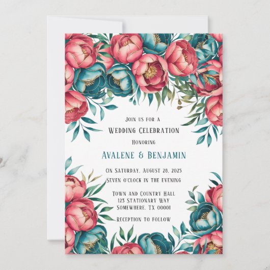 Coral und Aquamarin Peonies Gold Wedding Einladung (Vorderseite)