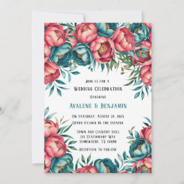 Coral und Aquamarin Peonies Gold Wedding Einladung
