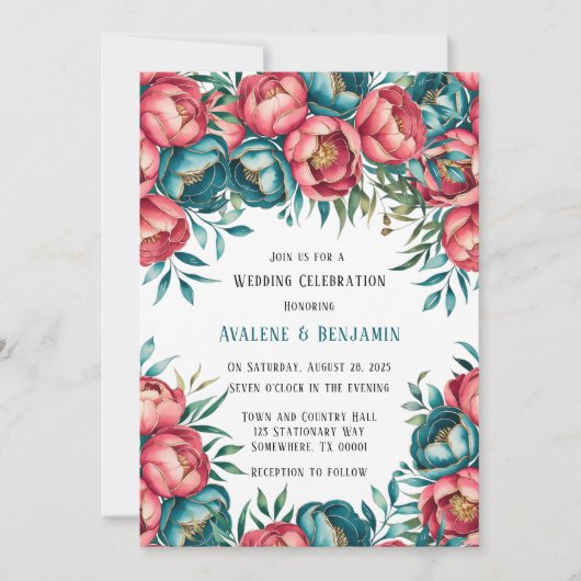 Coral und Aquamarin Peonies Gold Wedding Einladung (Vorderseite)