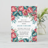 Coral und Aquamarin Peonies Gold Wedding Einladung (Stehend Vorderseite)