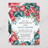 Coral und Aquamarin Peonies Gold Wedding Einladung (Vorne/Hinten)
