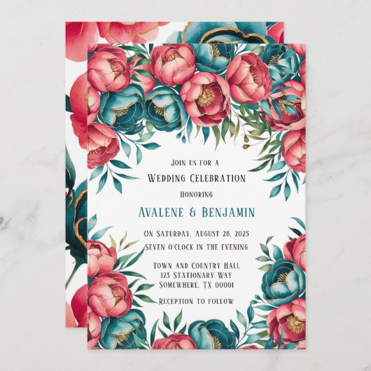 Coral und Aquamarin Peonies Gold Wedding Einladung (Vorne/Hinten)