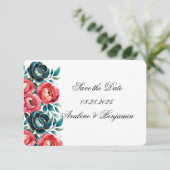 Coral und Aquamarin Peonies Gold Wedding Save The Date (Stehend Vorderseite)