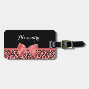 Coral und Black Jaguar Print Niedlich Bow mit Name Gepäckanhänger