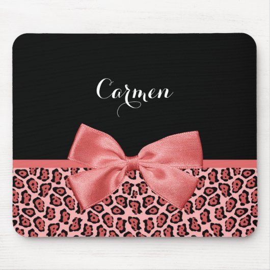 Coral und Black Jaguar Print Niedlich Bow mit Name Mousepad (Vorne)