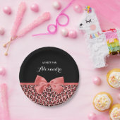 Coral und Black Jaguar Print Niedlich Bow mit Name Pappteller (Party)