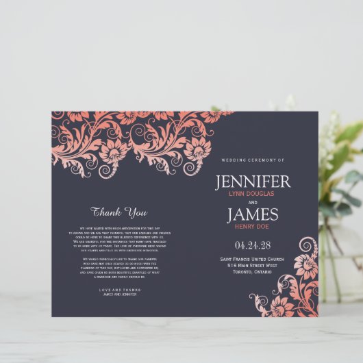 Coral und Blue Blooming Elegance Hochzeitsprogramm (Stehend Vorderseite)