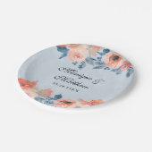 Coral und Dusty Blue Botanical Floral Wedding Pappteller (Schrägansicht)