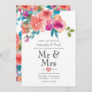 Coral und Fandango Floral Mr. und Mrs. Wedding Einladung
