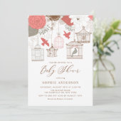 Coral und Gray Birdcages Baby Shower Einladung (Stehend Vorderseite)
