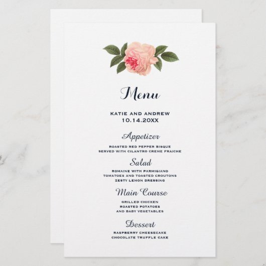 Coral und Navy Blue Wedding Menu (Vorne/Hinten)