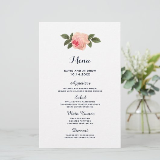 Coral und Navy Blue Wedding Menu (Stehend Vorderseite)
