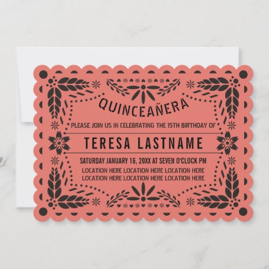 Coral und schwarz Papel picado Quinceañera Einladung (Vorderseite)