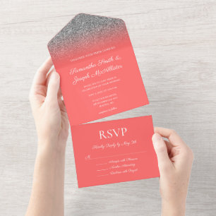 Coral und Silver Ombre Glitzer Wedding All In One Einladung
