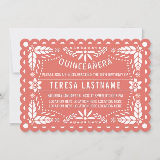 Coral und Weiß Papel Picado Quinceañera Einladung (Vorderseite)