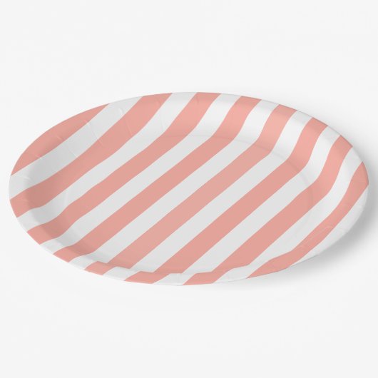 Coral und weiße Streifen aus Süßigkeiten Pappteller (Schrägansicht)