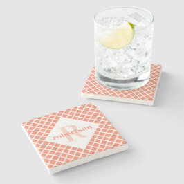 Coral und White Geometric Modern Mit Monogramm Steinuntersetzer