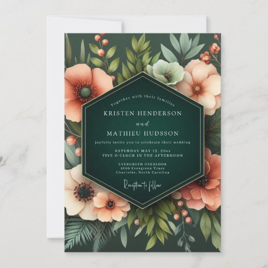 Coral Verdant Bloom Wedding Einladung (Vorderseite)