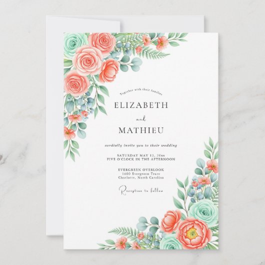 Coral Verdant Blossom Wedding Einladung (Vorderseite)