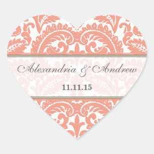 Coral Viktorianisch Vintag Damask Heart Wedding Si Herz-Aufkleber