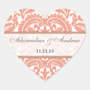 Coral Viktorianisch Vintag Damask Heart Wedding Si Herz-Aufkleber
