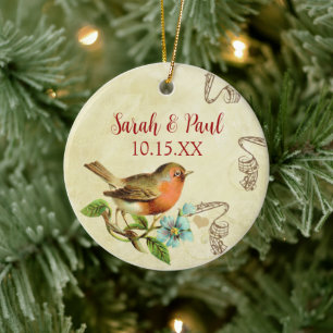 Coral Vintag Bird Save the Date Foto Brown Notes Keramikornament