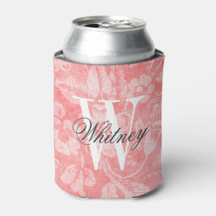 Coral Vintag Floral Print Monogram Dosenkühler