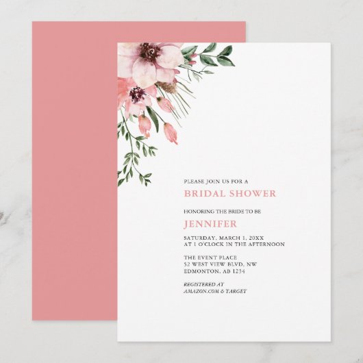Coral Watercolor Blume Bridal Dusche Einladung (Vorne/Hinten)