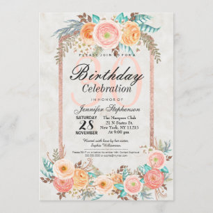 Coral Watercolor Blume und Gold Geburtstagsparty Einladung