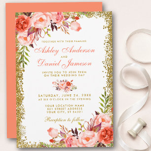 Coral Watercolor Floral and Gold Glitzer Wedding Einladung