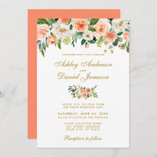 Coral Watercolor Floral Gold Wedding CB Einladung