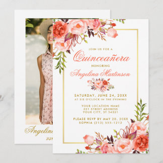 Coral Watercolor Floral Quinceanera Gold Foto Einladung