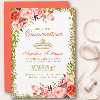 Coral Watercolor Floral Quinceanera Gold Glitzer Einladung