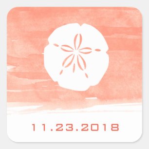 Coral Watercolor Sand Dollar Hochzeitstag Quadratischer Aufkleber