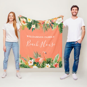Coral Watercolor Tropical Floral Beach House Fleecedecke