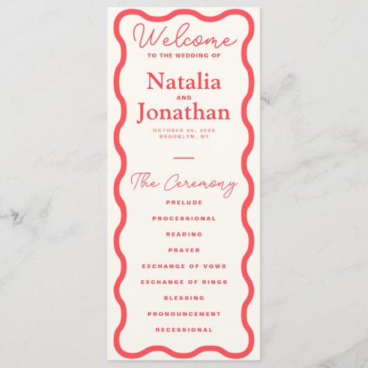 Coral Wavy Retro Wedding Programm (Vorderseite)